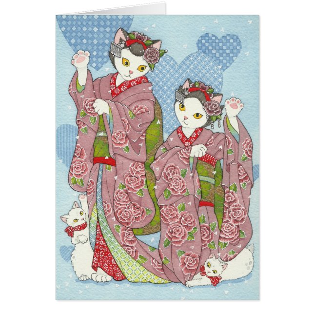 Maneki Neko Kawaii Maiko Dancing Cats Kimono Card (Front)
