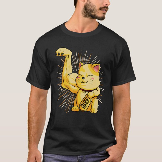 Maneki Neko Lucky Cat Cute Muscle Arm Japanese sty T-Shirt (Front)
