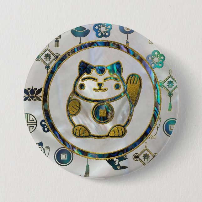 Maneki Neko Lucky cat on  pearl and abalone 7.5 Cm Round Badge (Front)
