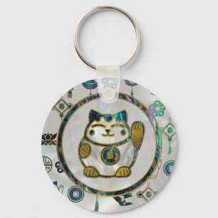 Maneki Neko Lucky cat on  pearl and abalone Key Ring