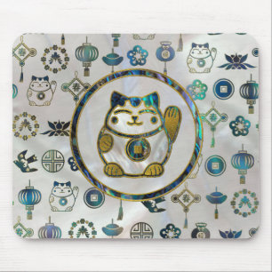 Maneki Neko Lucky cat on  pearl and abalone Mouse Mat