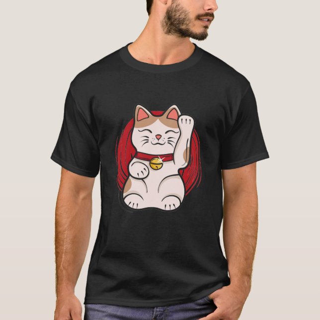 Maneki Neko Lucky Cat Statue Waving Japanese Style T-Shirt (Front)
