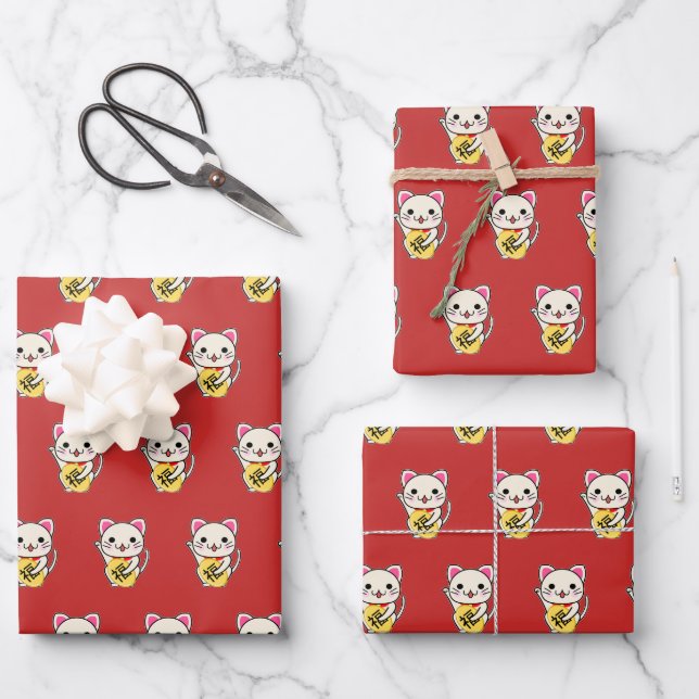 Maneki Neko - Lucky Cat Wrapping Paper Sheet (Front)