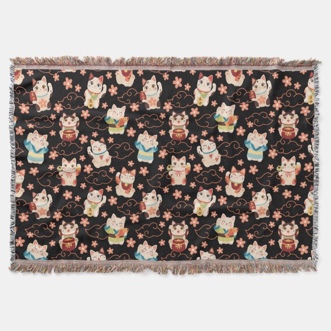 Maneki Neko Lucky Cats Pattern Throw Blanket (Front)