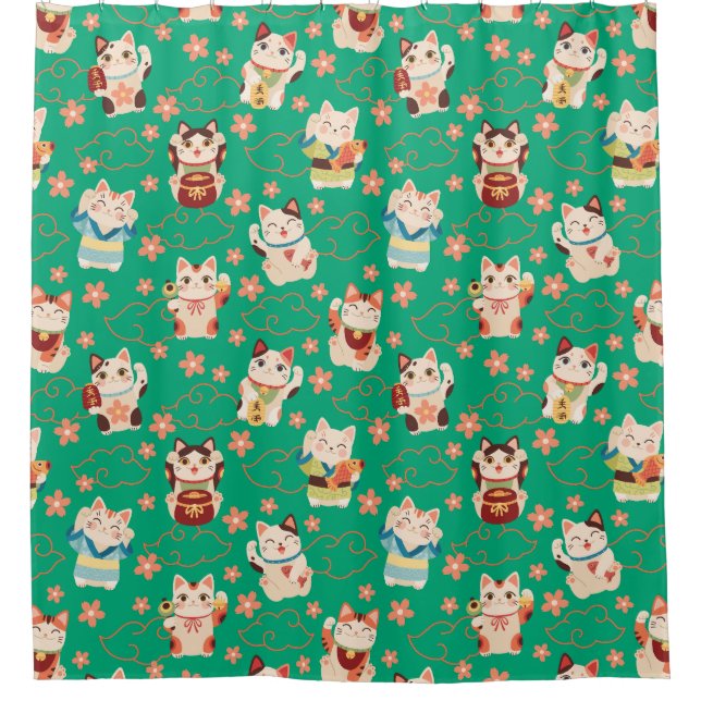 Maneki Neko Lucky Cats Shower Curtain (Front)