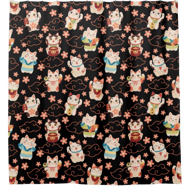 Maneki Neko Lucky Cats Shower Curtain (Front)