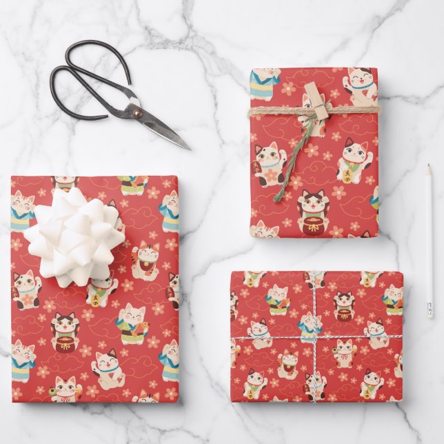 Maneki Neko Lucky Cats Wrapping Paper Set (Front)