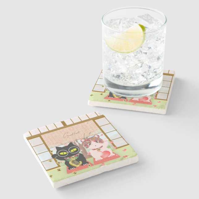 Maneki Neko Lucky Poiluna Stone Coaster (Side)