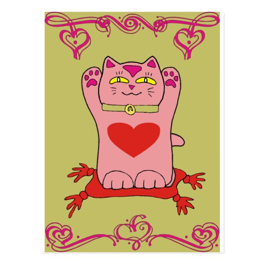 Maneki Neko Pink Cat with Hearts Postcard