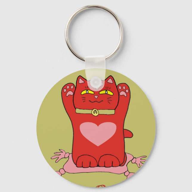 Maneki Neko Red Cat with Hearts Key Ring (Front)