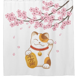Manekineko Japanese Lucky Cat Cherry Blossom Shower Curtain