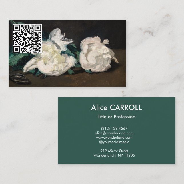 Manet - Branch White Peonies, Secateurs - QR Code Business Card (Front/Back)