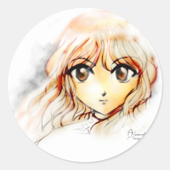 Manga Anime Girl sketch big eyes kawaii cute Classic Round Sticker (Front)