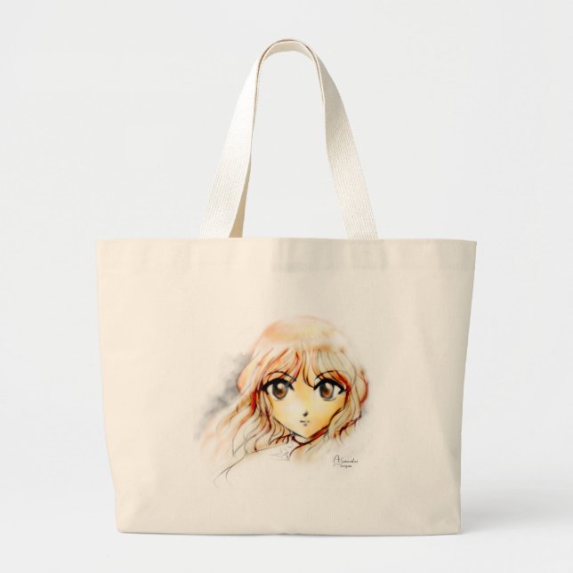Manga Anime Girl sketch big eyes kawaii cute Large Tote Bag (Front)