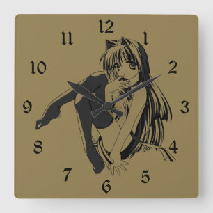 Manga, Neko Catgirl Furry Kawaii Loli Square Wall Clock