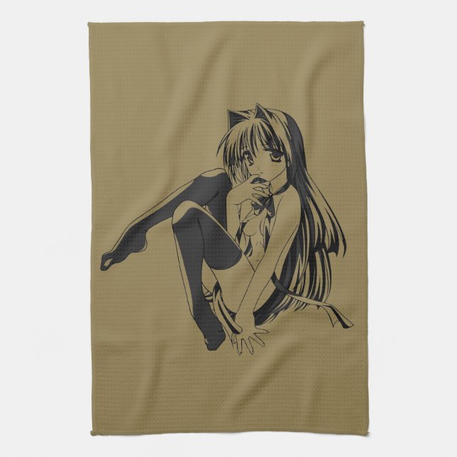 Manga, Neko Catgirl Furry Kawaii Loli  Tea Towel (Vertical)