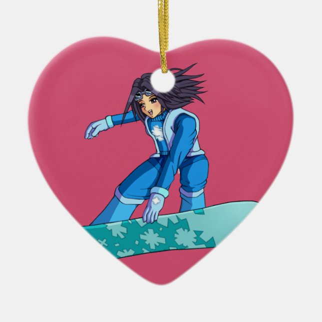 Manga Snowboarder Girl Ceramic Tree Decoration (Front)