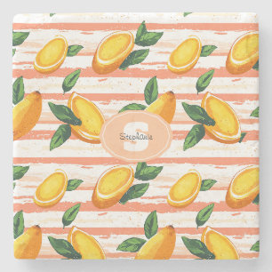 Mango Fruit Pattern with Green Leaves Stone Coaster
