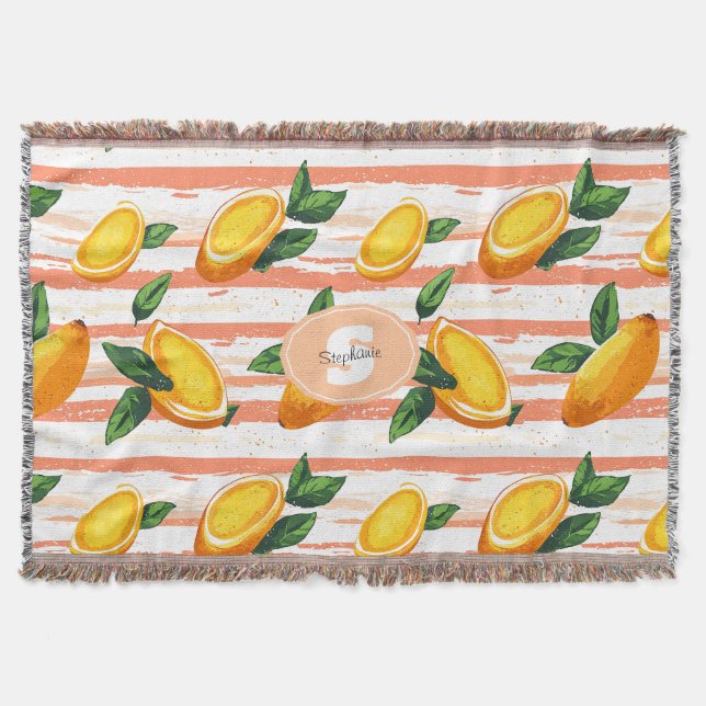 Mango Fruit Pattern with Green Leaves Throw Blanket (Front)