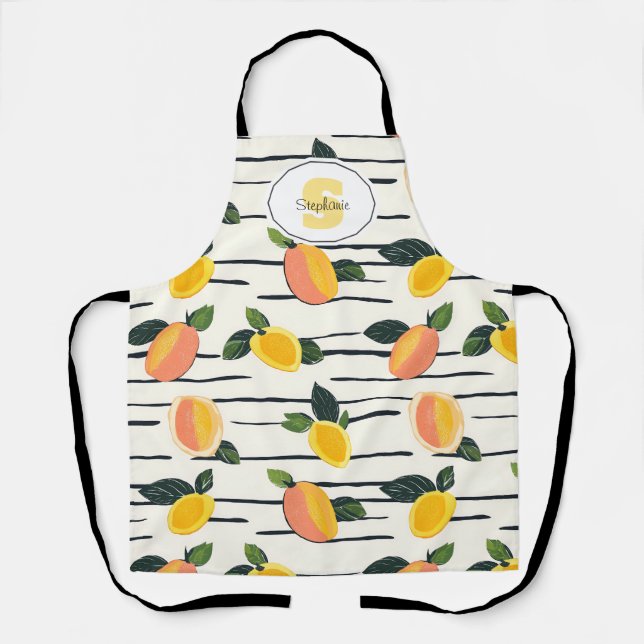 Mango Fruit Print Coral Yellow on Striped Ivory Apron (Front)