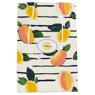 Mango Fruit Print Coral Yellow on Striped Ivory Medium Gift Bag