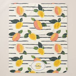Mango Fruit Print Coral Yellow on Striped Ivory Sherpa Blanket