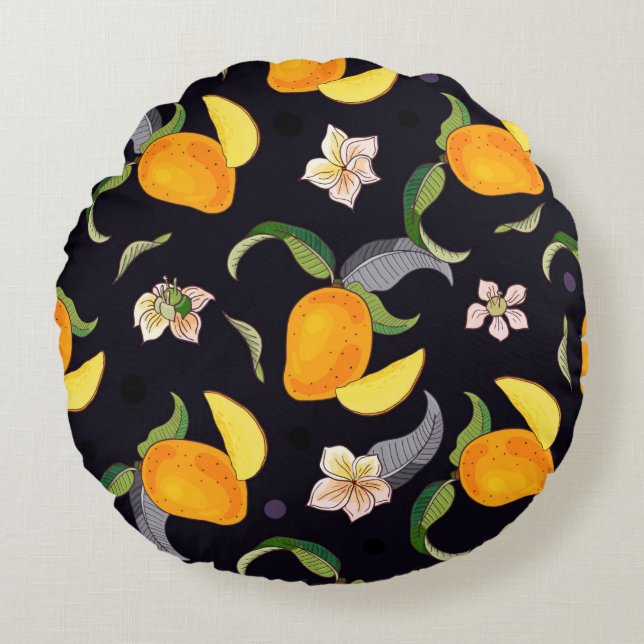 Mango. Seamless pattern with yellow and red tropic Round Cushion (Front)