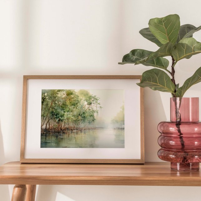 Mangrove Marvel: Watercolor of Vibrant Mangroves Poster (Watercolor print depicting the vibrant beauty of coastal mangroves, where lush greenery meets water.)