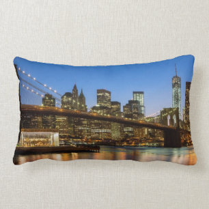 Manhattan and Brooklyn Bridge at dusk Lumbar Cushion