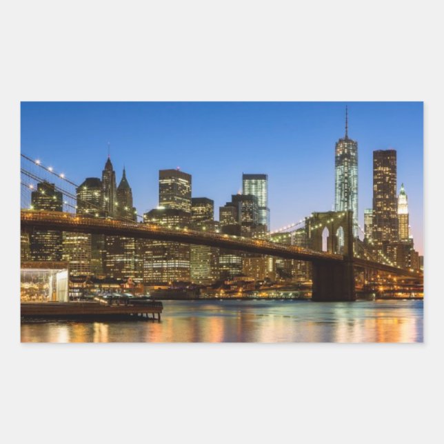 Manhattan and Brooklyn Bridge at dusk Rectangular Sticker (Front)