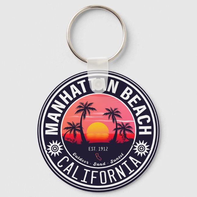 Manhattan Beach Ca Retro Sunset Palm Trees 60s Key Ring (Front)