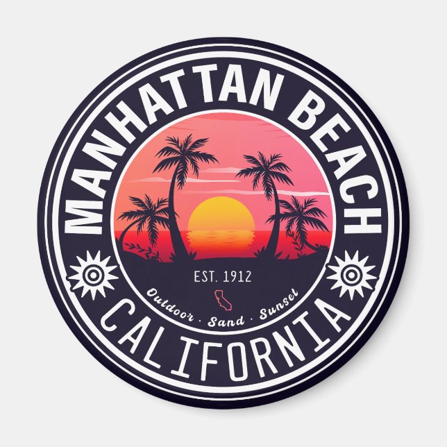 Manhattan Beach Ca Retro Sunset Palm Trees 60s Magnet (Front)