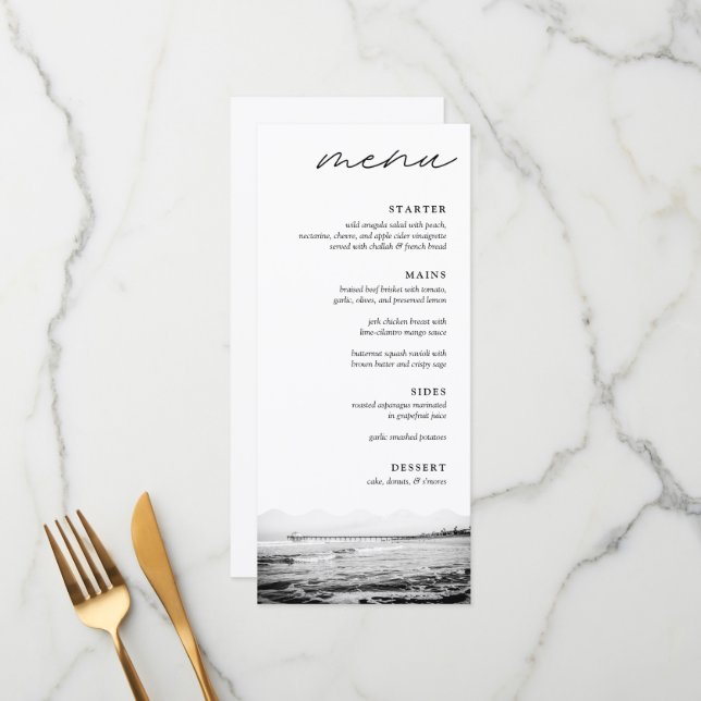 Manhattan Beach Pier Black & White Wedding Dinner Menu (Front/Back In Situ)