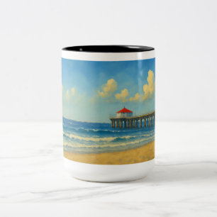 Manhattan Beach Pier with Red Roof Two-Tone Coffee Mug