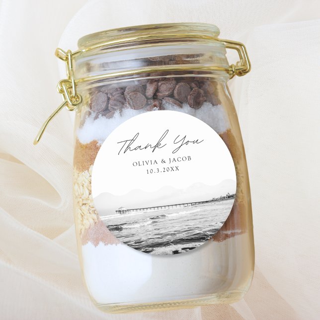 Manhattan Beach Wedding Favour Photo Thank You Classic Round Sticker (Manhattan Beach Wedding Favor Sticker)