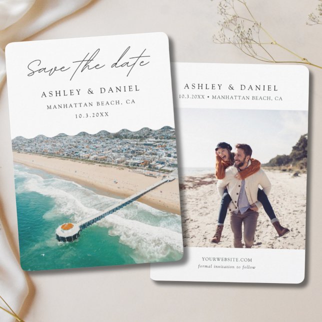 Manhattan Beach Wedding Photo Save the Date Invitation (Manhattan Beach Pier Save the Date for Manhattan Beach Wedding Destination)