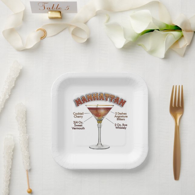 Manhattan Cocktail Recipe Art Paper Plate (Wedding)