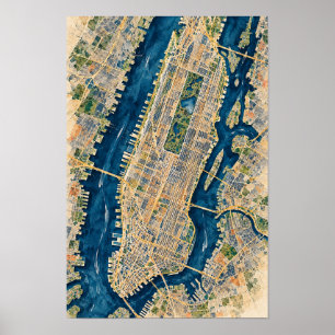 Manhattan New York Aerial City Map Wall Art