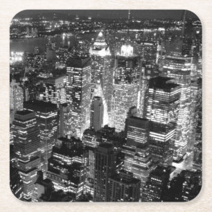 Manhattan New York City Night Black & White Square Paper Coaster