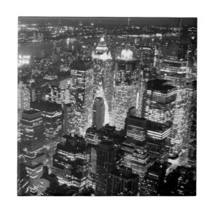 Manhattan New York City Night Black & White Tile