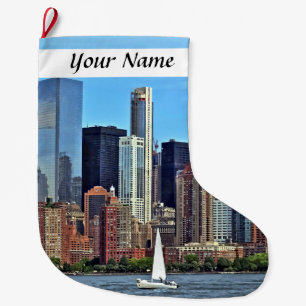 Manhattan NY – Sailboat By Manhattan Skyline Large Christmas Stocking