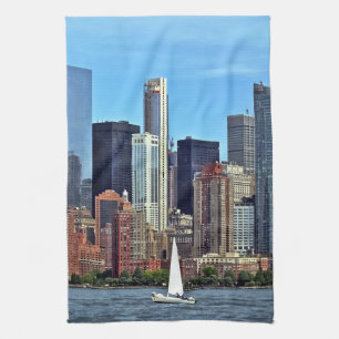 Manhattan NY – Sailboat By Manhattan Skyline Tea Towel