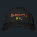 MANHATTAN NYC Orange Yellow Black Vintage Style Embroidered Hat<br><div class="desc">BROOKLYN NYC Orange and Yellow embroidery on Black distressed vintage style cotton hat. Embroidery is customisable to other colour choices by selecting the "Edit Design" tool button. Also available is the option to select choice of hat colour on the main item page.</div>