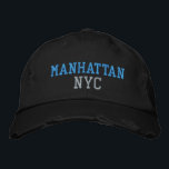 MANHATTAN NYC Turquoise Pink Black Vintage Style Embroidered Hat<br><div class="desc">BROOKLYN NYC Turquoise and Pink embroidery on Black distressed vintage style cotton hat. Embroidery is customisable to other colour choices by selecting the "Edit Design" tool button. Also available is the option to select choice of hat colour on the main item page.</div>