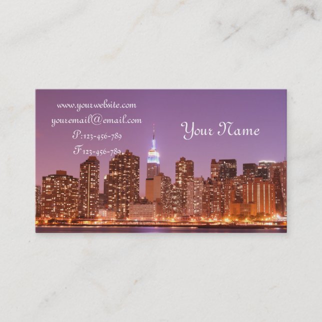 Manhattan Skyline at Night, New York City Business Card (Front)
