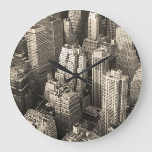 Manhattan skyline, black and white aerial. large clock