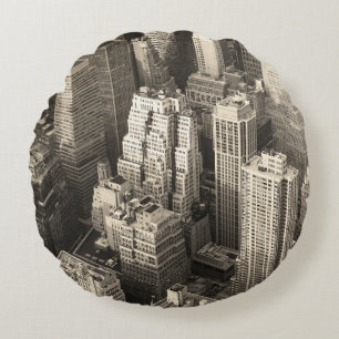 Manhattan skyline, black and white aerial. round cushion