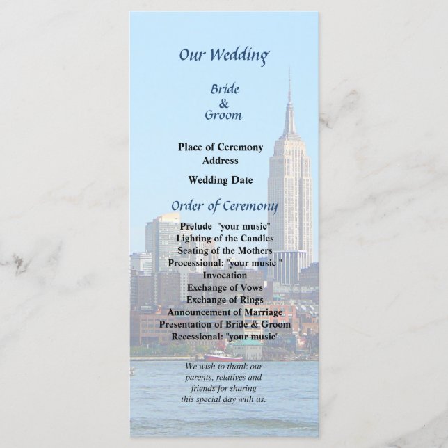 Manhattan Skyline From Hoboken Wedding Program Programme (Front)