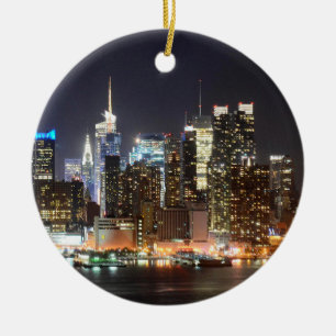 Manhattan Skyline New York at night Ceramic Tree Decoration