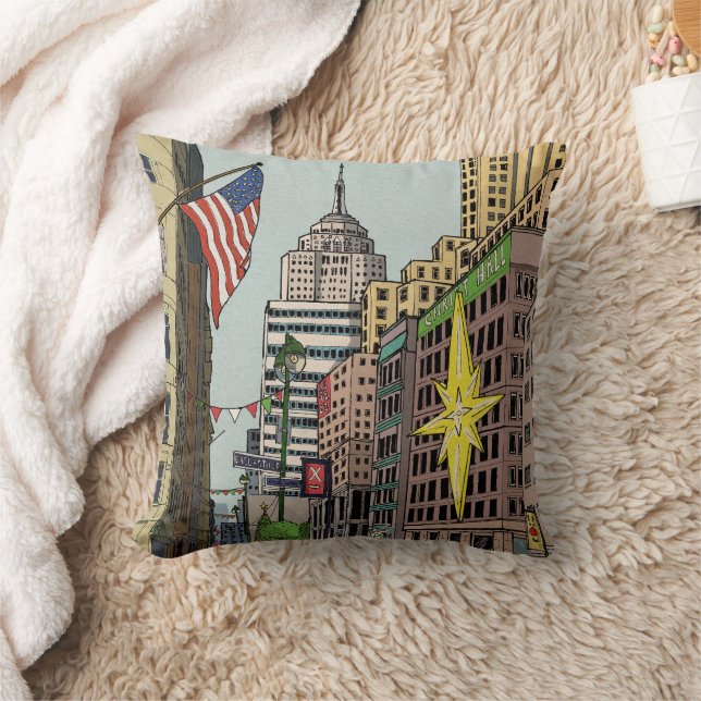 Manhattan Winter New York Christmas Illustration Cushion (Blanket)